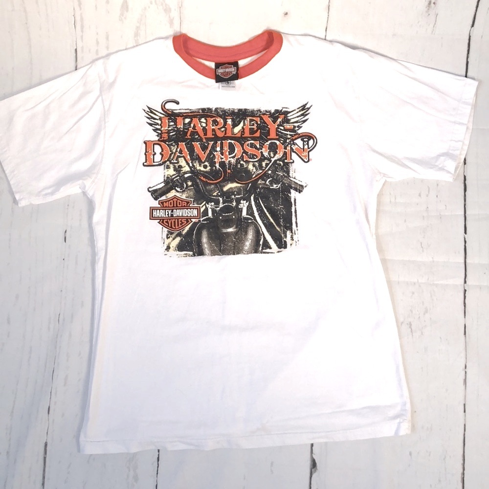 Harley Davidson white logo graphic T-shirt Size XL White orange Biker HD Tee